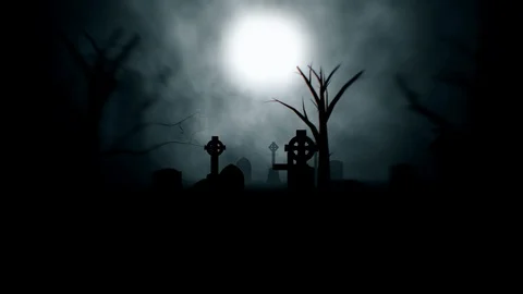 Spooky Graveyard At Night With Lightning Looping Video Background Stock Footage