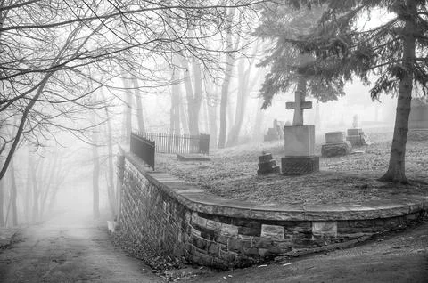 Spooky graveyard scene complete in deep fog Stock Photos
