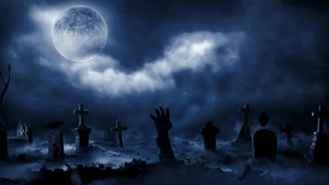 Spooky Graveyard Scene with Zombie Hand Rising at Full Moon Stock Footage 334104948