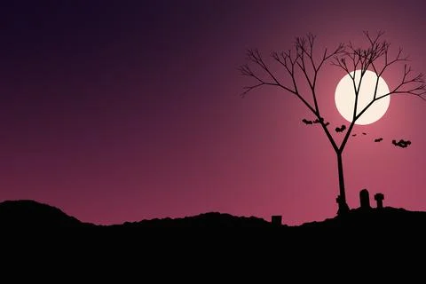 Spooky graveyard silhouette at sunset with lone tree and moon for halloween.. 库存插图