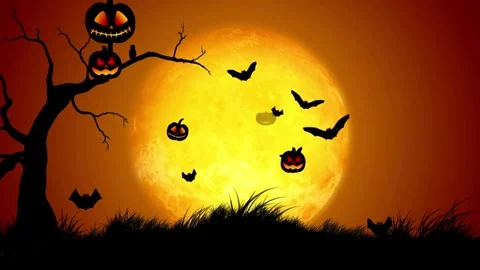Spooky Halloween background with flying pumpkins and bats against a full moon Stock Footage 334104713