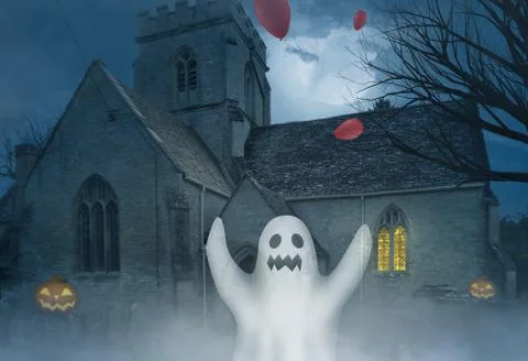Spooky halloween background with a ghost in front of a church Stock Illustration