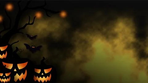 Spooky Halloween Background with Glowing Jack O Lanterns Bats and Copy Space. Stock Illustration