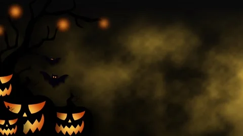 Spooky Halloween Background With Glowing Pumpkins Flying Bats And Creepy Fog. Video stock 346123444