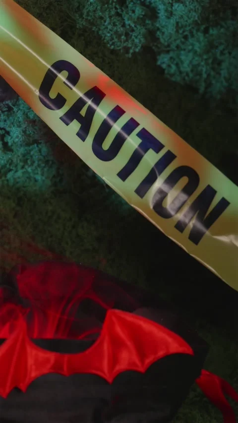 Spooky Halloween background with moss caution tape and candy pouch 스톡 동영상 342423455