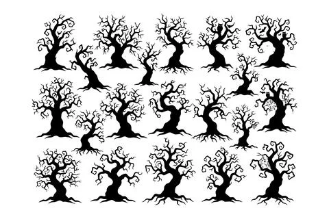 Spooky Halloween Bare Tree Silhouettes Collection with Gnarled Branches and.. Illustrazione stock