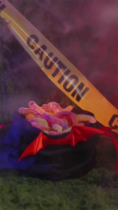 Spooky Halloween bat pouch with gummies in dense fog background Stock Footage 342423468