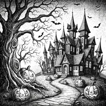 Spooky Halloween Castle with Pumpkins and Bats - Black and White Ink Drawing 스톡 일러스트