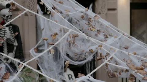 Spooky Halloween Decorations Featuring Cobwebs, Skeletons, and Eerie Imagery for Vídeo Stock 314250026