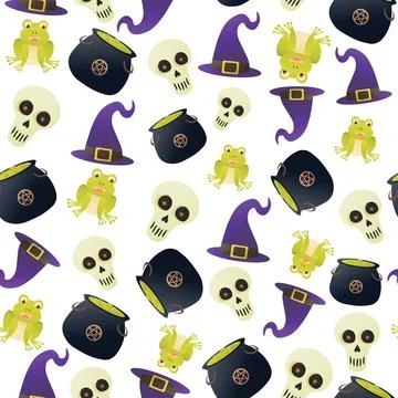 Spooky halloween elements seamless pattern on white background with cauldron Stock Illustration