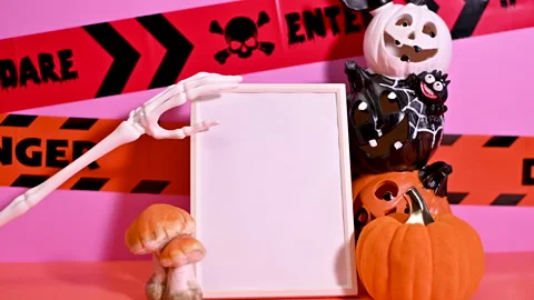 Spooky Halloween Frame: Copy Space with creepy pumpkins and warning tapes Stock Footage 251496954