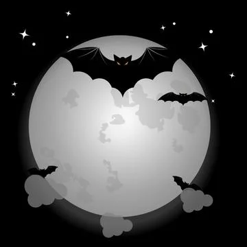 Spooky Halloween full moon background with flying bats illustration Stock Illustration