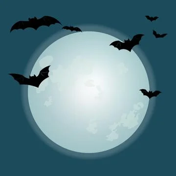 Spooky Halloween full moon background with flying bats illustration Stock Illustration