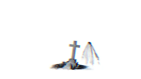 Spooky Halloween ghost beside a graveyard cross tombstone in white background Stock Footage 318206754