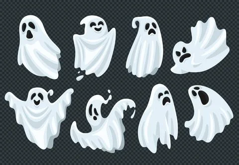 Spooky halloween ghost. Fly phantom spirit with scary face. Ghostly apparit.. Stock Illustration