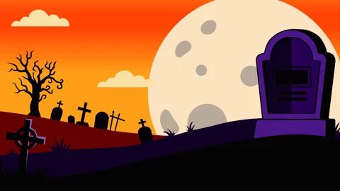 Spooky Halloween Graveyard Animated Motion Graphic Background with Full Moon Stock Footage 345755401