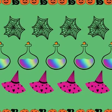 Spooky halloween holiday repeat pattern on green background Illustrazione stock
