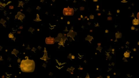 Spooky Halloween icon motion visual glowing jack o lanterns, ghosts, bats, witch Stock Footage 340576529
