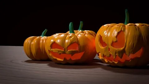 Spooky Halloween Jack O Lantern Pumpkins On Dark Table 3d render.. Stock Illustration