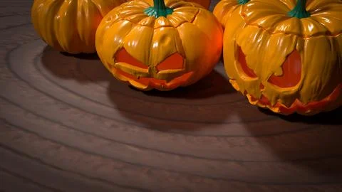 Spooky Halloween Jack O Lantern Pumpkins On Dark Table 3d render.. Stock Illustration