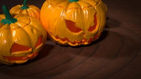 Spooky Halloween Jack O Lantern Pumpkins On Dark Table 3d render.. Illustrazione stock