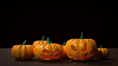 Spooky Halloween Jack O Lantern Pumpkins On Dark Table 3d render.. Ilustración de archivo