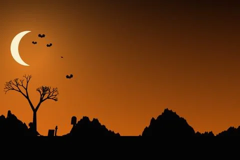 Spooky halloween landscape featuring a crescent moon silhouetted tree and f.. Stock Illustration