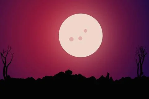 Spooky halloween landscape featuring glowing full moon silhouette cat dead .. Stock Illustration