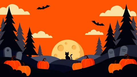 Spooky Halloween Motion Graphic Background with Black Cat, Moon, Pumpkins an Stock Footage 345544567