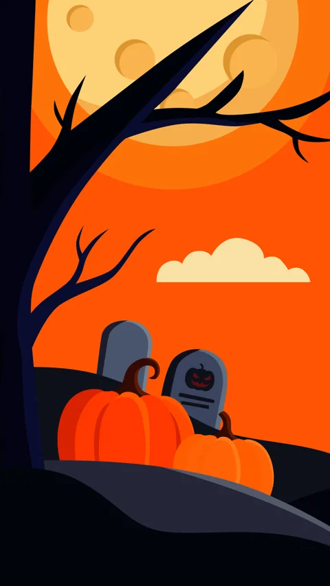 Spooky Halloween Night Animated Motion Graphic Background with Pumpkins, Moo Stock Footage 345618704
