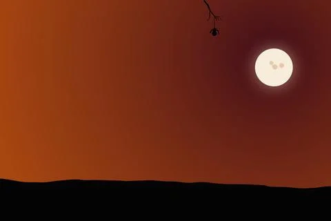 Spooky halloween night background with a full moon and dangling spider over.. 스톡 일러스트