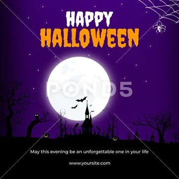 Spooky halloween night with full moon and haunted house bats Template PSD