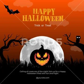 Spooky halloween night with glowing pumpkin, full moon, and bat PSD-Vorlage