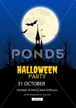 Spooky halloween night party invitation with haunted castle PSD Template