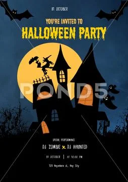 Spooky halloween party invitation with haunted house and full moon PSD Template