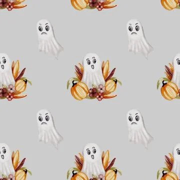 Spooky Halloween pattern featuring bats and spirits in a playful watercolor.. Stock Illustration