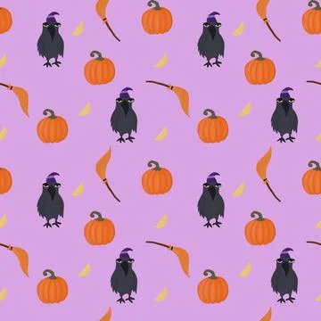 Spooky Halloween Pattern Featuring Crows with Witch Hats, Orange Pumpkins, .. Stock Illustration