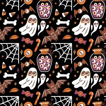 A Spooky Halloween Pattern featuring Ghosts, Bats, and a variety of Sweet Treats Stock Illustration