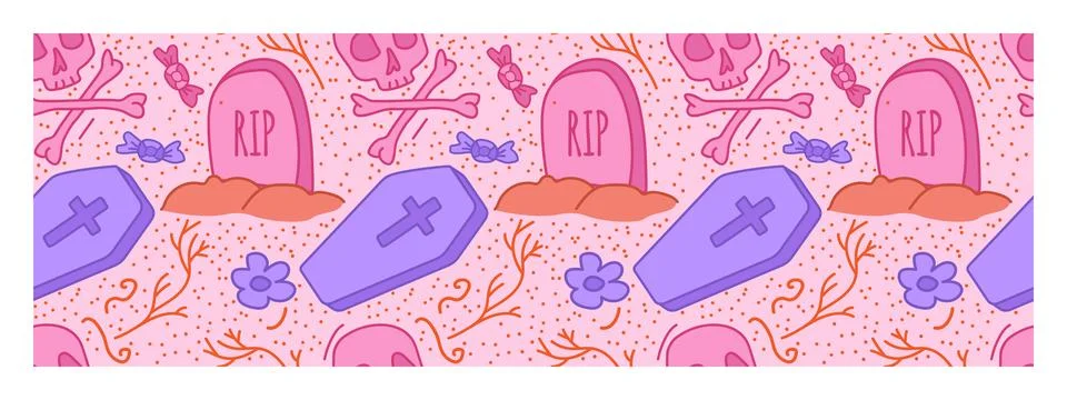 Spooky halloween pattern with grave and coffin. 스톡 일러스트
