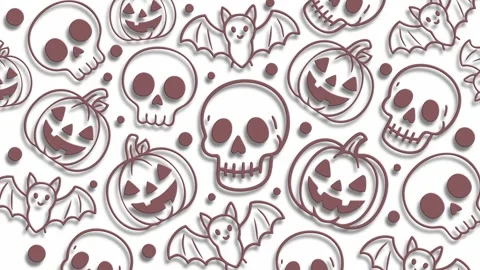Spooky halloween pattern with pumpkins skulls and bats line art Stock Footage 324858213