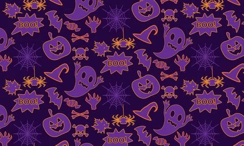 Spooky Halloween Pattern with Purple and Orange Icon Motifs Stock Illustration