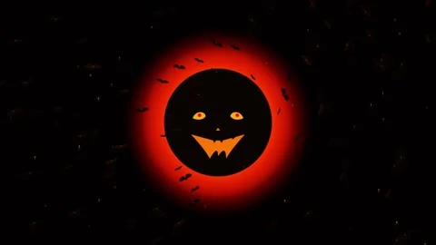 Spooky halloween pumpkin face surrounded by flying bats against a dark nigh.. Stock Footage 341812481