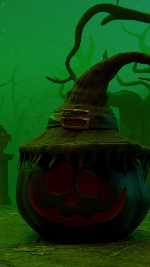 Spooky halloween pumpkin in a witch hat in a graveyard Stock Footage 318412366