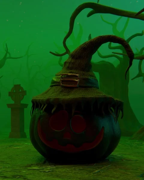 Spooky halloween pumpkin in a witch hat in a graveyard Video stock 318412367