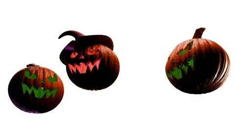 Spooky Halloween pumpkins with glowing faces isolated on white background Stock Illustration