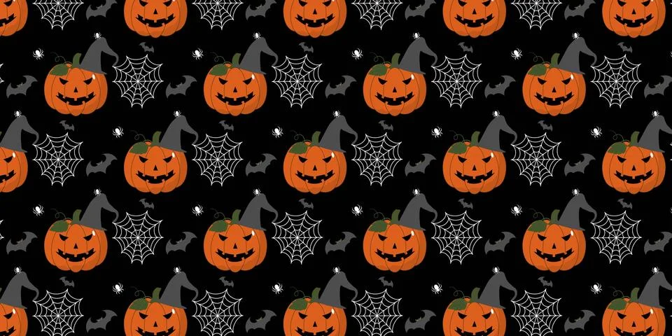 Spooky Halloween repeat pattern vectors background with pumpkins and spiderwe Stock Illustration