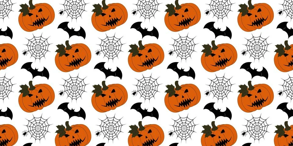Spooky Halloween repeat pattern vectors background with pumpkins and spiderwe Stock Illustration
