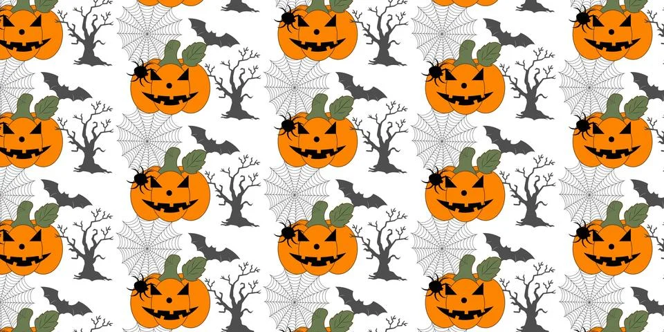 Spooky Halloween repeat pattern vectors background with pumpkins and spiderwe Stock Illustration