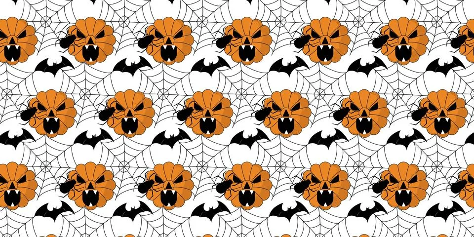 Spooky Halloween repeat pattern vectors background with pumpkins and spiderwe Stock Illustration