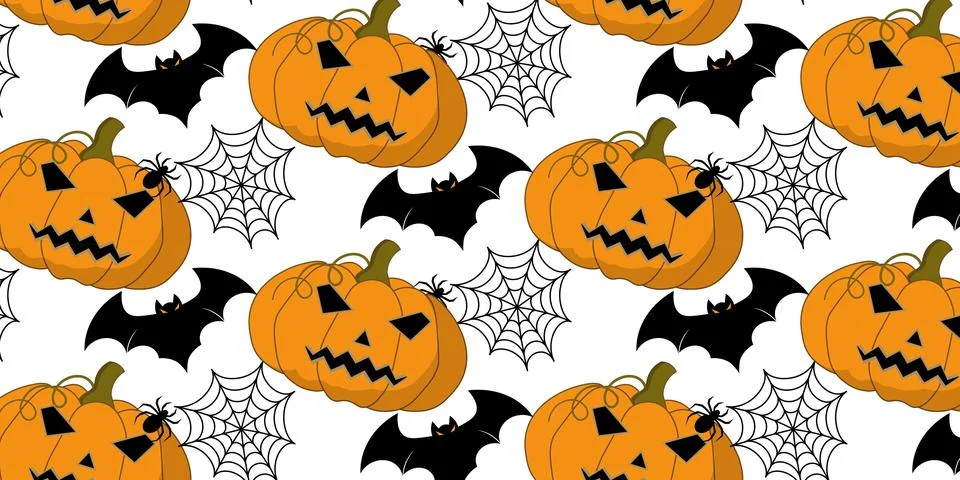 Spooky Halloween repeat pattern vectors background with pumpkins and spiderwe Stock Illustration